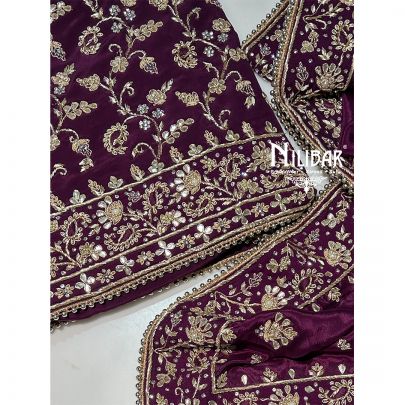 Wine Crepe Unstitched Suit Paired With Chinon Dupatta