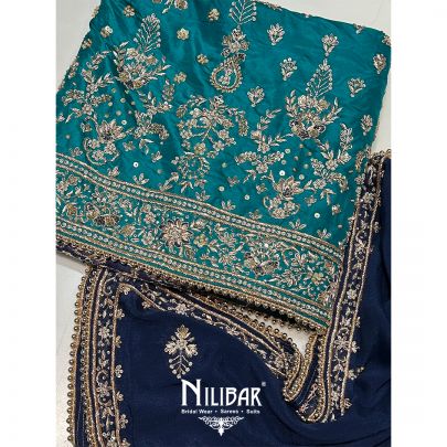 Rama Green & Blue Silk Unstitched Suit Paired With Chinon Dupatta