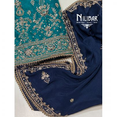 Rama Green & Blue Silk Unstitched Suit Paired With Chinon Dupatta