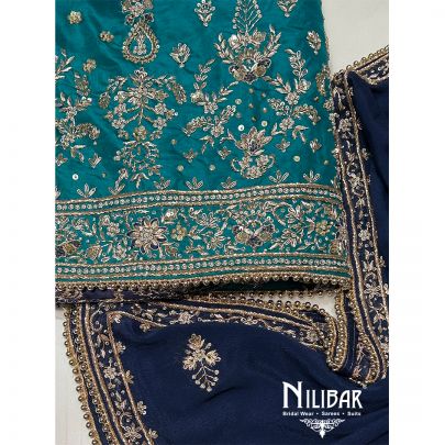 Rama Green & Blue Silk Unstitched Suit Paired With Chinon Dupatta
