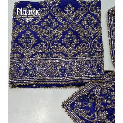 Navy Blue Crepe Unstitched Suit Paired With Chinon Dupatta