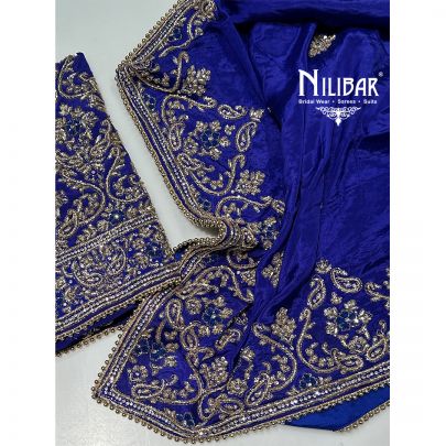 Navy Blue Crepe Unstitched Suit Paired With Chinon Dupatta