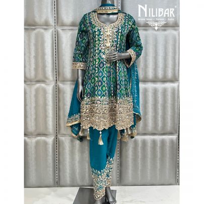 Peacock Blue & Green Georgette Short Anarkali Suit