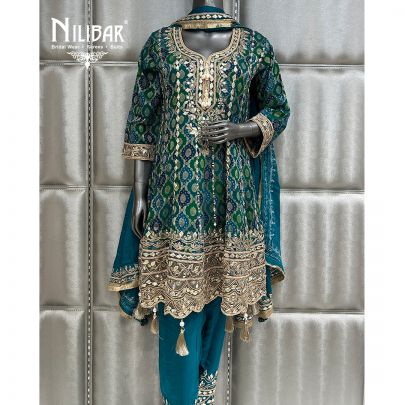 Peacock Blue & Green Georgette Short Anarkali Suit