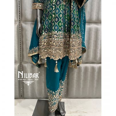 Peacock Blue & Green Georgette Short Anarkali Suit