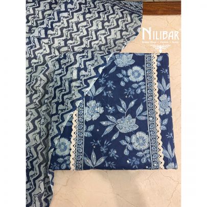Blue Printed Cotton Unstitched Suit
