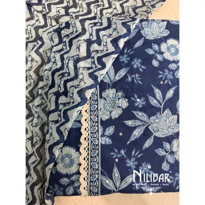 Blue Printed Cotton Unstitched Suit