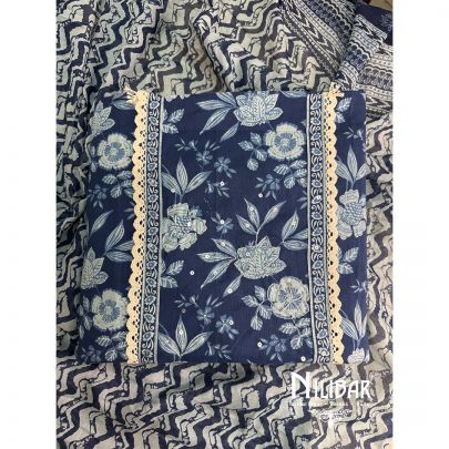 Blue Printed Cotton Unstitched Suit