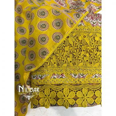 Yellow Printed Cotton Unstitched Suit