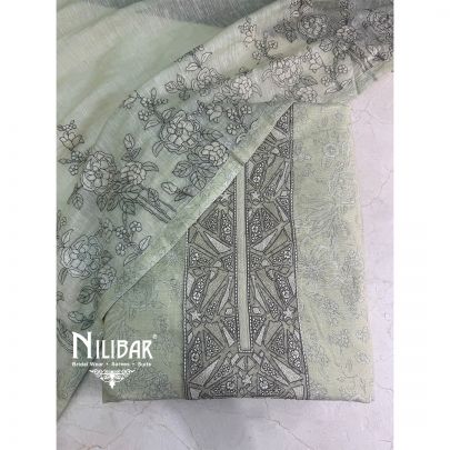 Lime Green Printed Cotton Unstitched Suit
