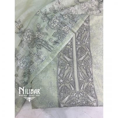 Lime Green Printed Cotton Unstitched Suit