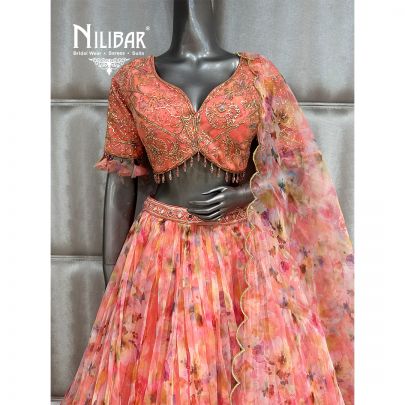 Peach Organza Flowy Lehenga