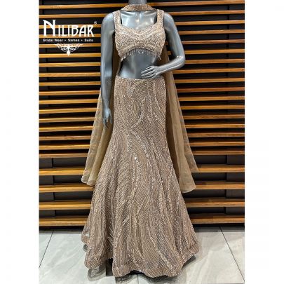 Beige Gold Net Lehenga Paired With Organza Dupatta