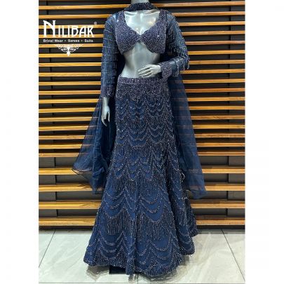 Midnight Blue Net Lehenga Paired With Organza Dupatta