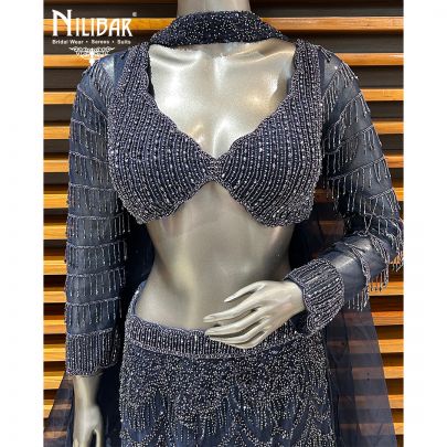 Midnight Blue Net Lehenga Paired With Organza Dupatta