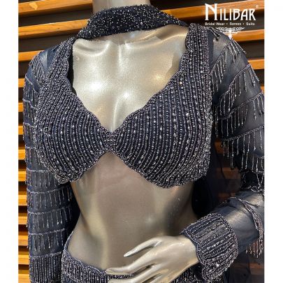 Midnight Blue Net Lehenga Paired With Organza Dupatta