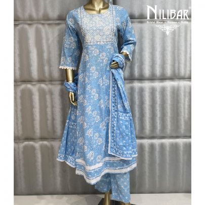 Ice Blue Cotton Anarkali Suit