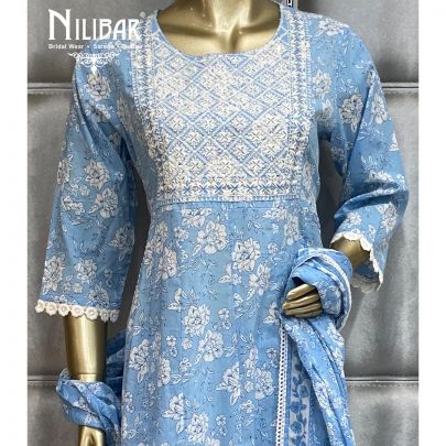 Ice Blue Cotton Anarkali Suit