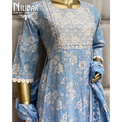 Ice Blue Cotton Anarkali Suit