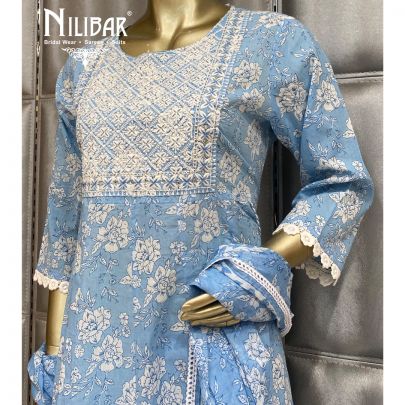 Ice Blue Cotton Anarkali Suit
