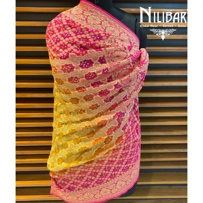 Yellow and Pink Georgette Bandhani Dupatta