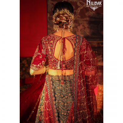 Red and Green Velvet Bridal Lehenga