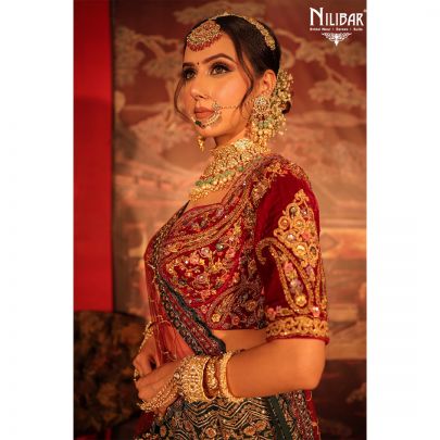 Red and Green Velvet Bridal Lehenga