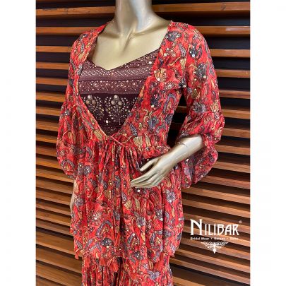 Sangria Red Georgette Jacket Style Suit