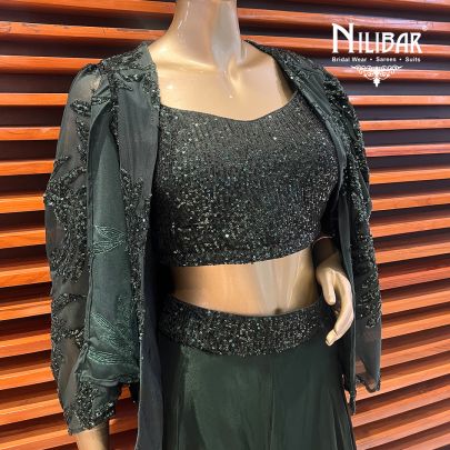 Hunter Green Net and Silk Indo Western Co-rd Set