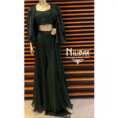 Hunter Green Net and Silk Indo Western Co-rd Set