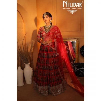 mehroon Silk and Chinon Bridal  Lehenga