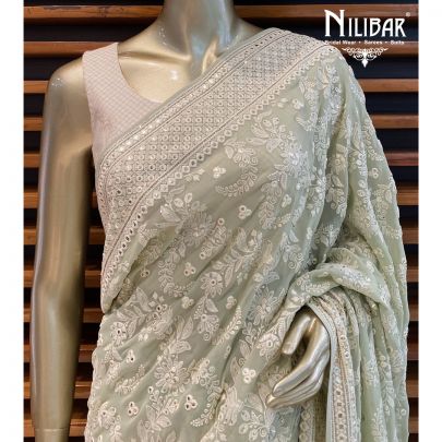 Olive Green Colour Hand Embroidered Lucknowi Chikankari Saree (With Blouse  - Georgette) GA25059… | Indian saree blouses designs, Trendy sarees, Indian  fashion saree