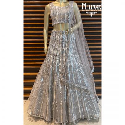 Concrete Grey Net Lehenga