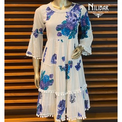 White Blue Cotton Printed Kurti