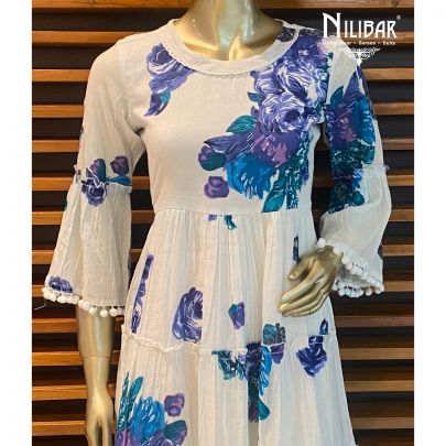 White Blue Cotton Printed Kurti