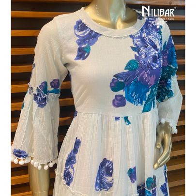 White Blue Cotton Printed Kurti