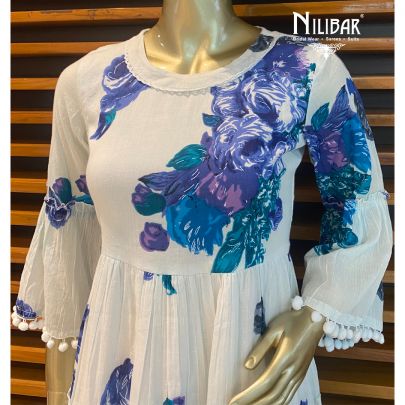 White Blue Cotton Printed Kurti