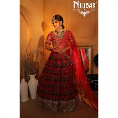 mehroon Silk and Chinon Bridal  Lehenga