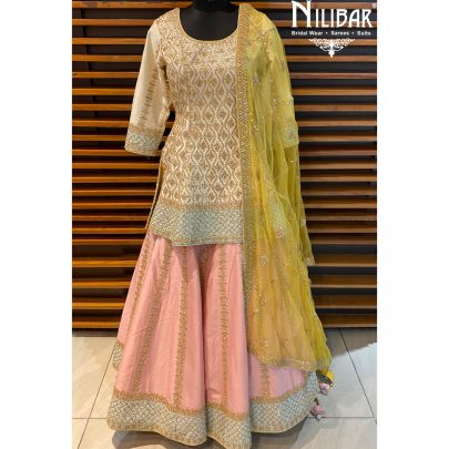 Cream and Pink Silk Lehenga