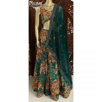 Dark Green Micro Velvet Reception Lehenga