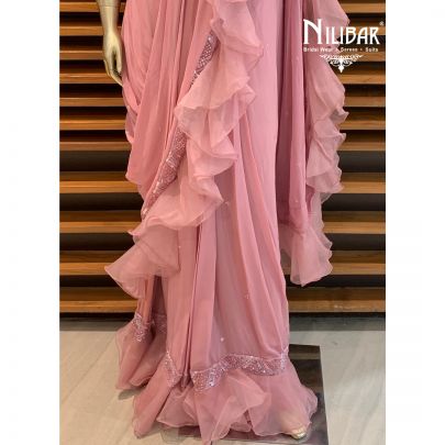 Salmon Pink Georgette Draped Saree