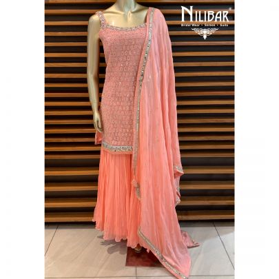 Salmon Peach Net Sharara Suit