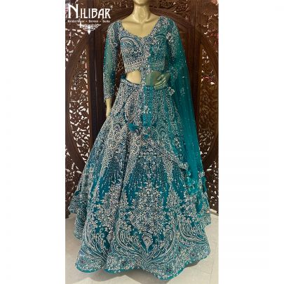 Ocean Blue Net Reception Lehenga