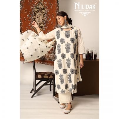 Cream and Black Cotton Kurti Set