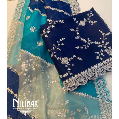 Navy and Ice Blue Organza Unstitched Suit's