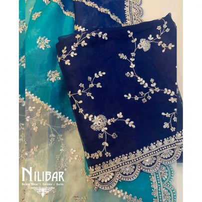 Navy and Ice Blue Organza Unstitched Suit's