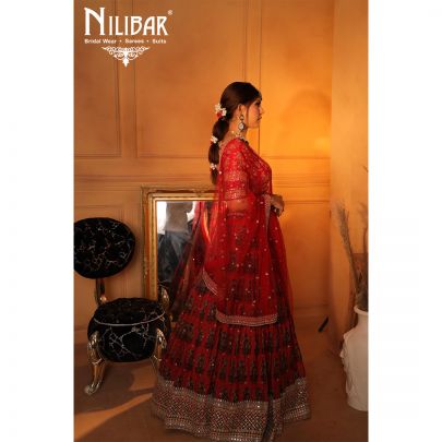 mehroon Silk and Chinon Bridal  Lehenga