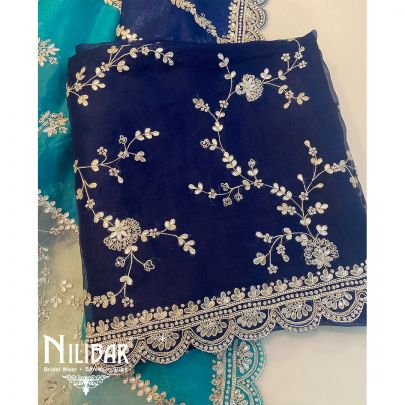 Navy and Ice Blue Organza Unstitched Suit's