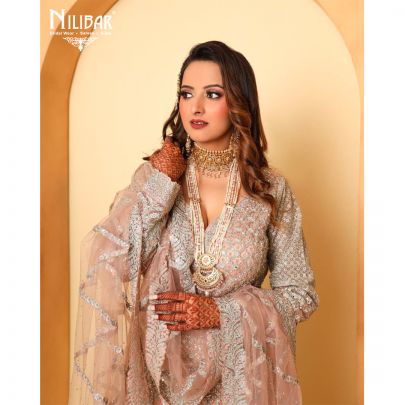 Salmon Pink Net Pallazo Suit