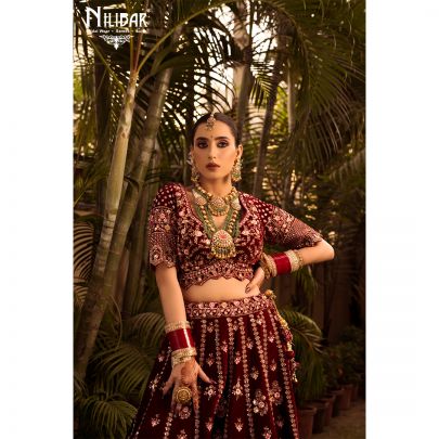 Rosewood Maroon Velvet Bridal Lehenga
